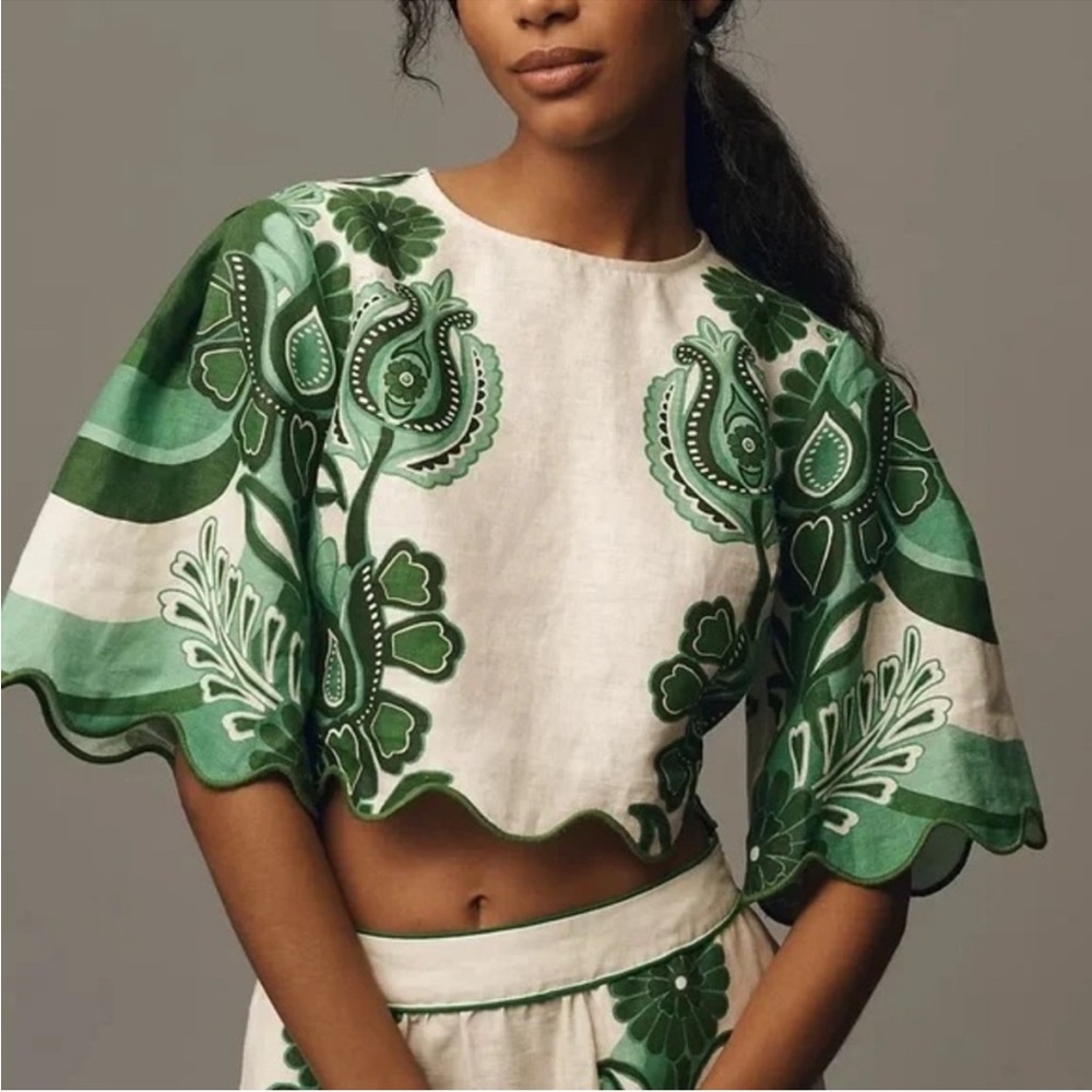 FARM Rio White and Green Patterned Crop Top